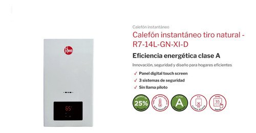 Calefón Rheem Gas Natural R7-14l-gn-xi-d 14lts Sin Piloto Color Blanco Tipo De Gas Gn - Imagen 3
