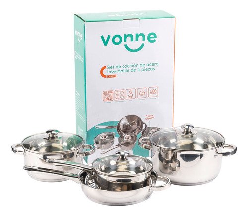 Bateria Cocina Triple Fondo Acero Inox 4pzs Sarten Y 3 Ollas Plateado - Imagen 8