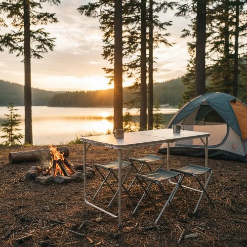 Set Plegable Mesa De Aluminio + 4 Bancos Para Camping - Imagen 5