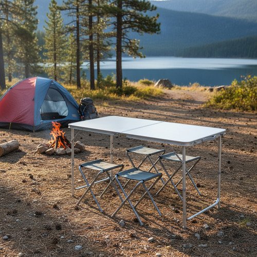 Set Plegable Mesa De Aluminio + 4 Bancos Para Camping - Imagen 4