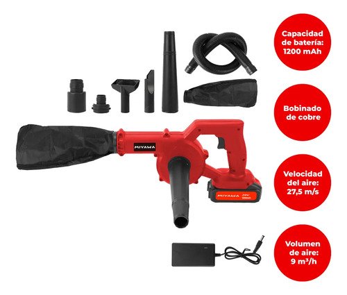 Sopladora Aspiradora 20v Inalámbrica 2 En 1 Con 2 Baterías Rojo Y Negro Rojo/negro - Imagen 2