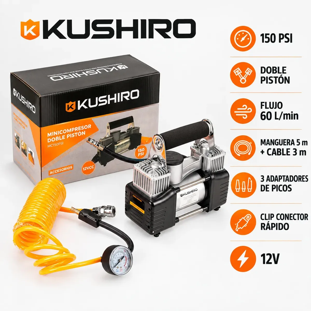 Compresor de aire mini a batería portátil Kushiro MC150PSI 500mL 25hp - Imagen 2